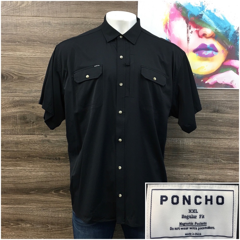 Poncho Outdoors Mens XXL Black Short Sleeve Magnetic Pocket Fishing Shirt